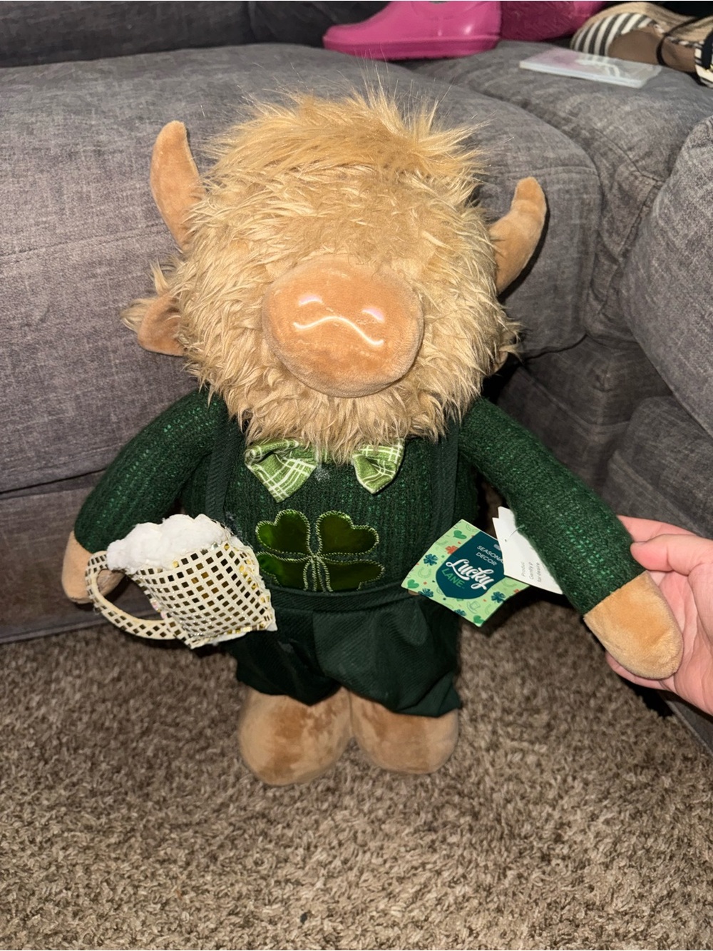 Lucky Brand Plush Highland Cow in Green Sweater with Shamrock